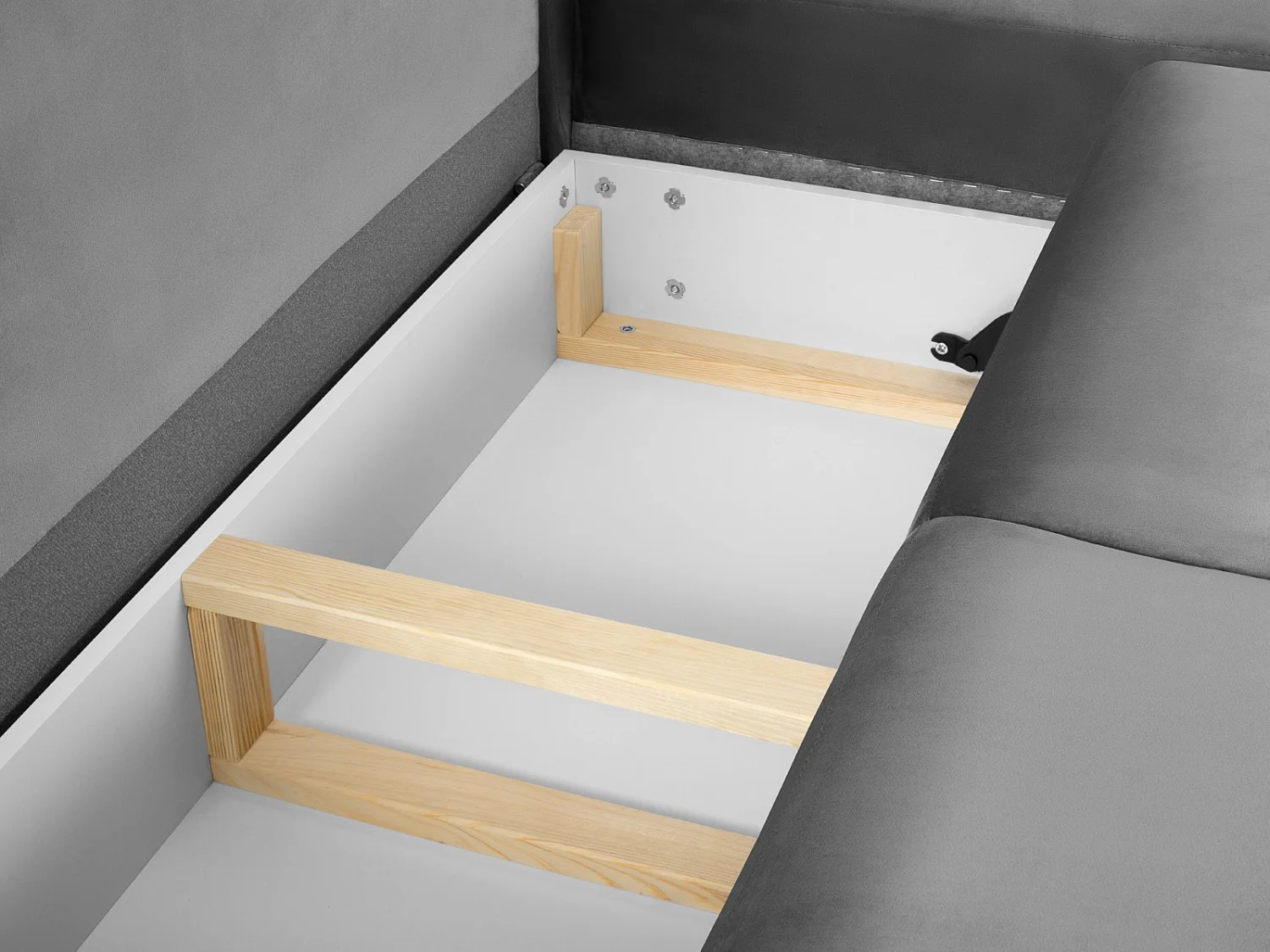 Cosmopolitan Design - Sofá cama esquinero derecho con baúl de almacenaje "Kyoto" 5 plazas de terciopelo gris claro - 243x194x88cm