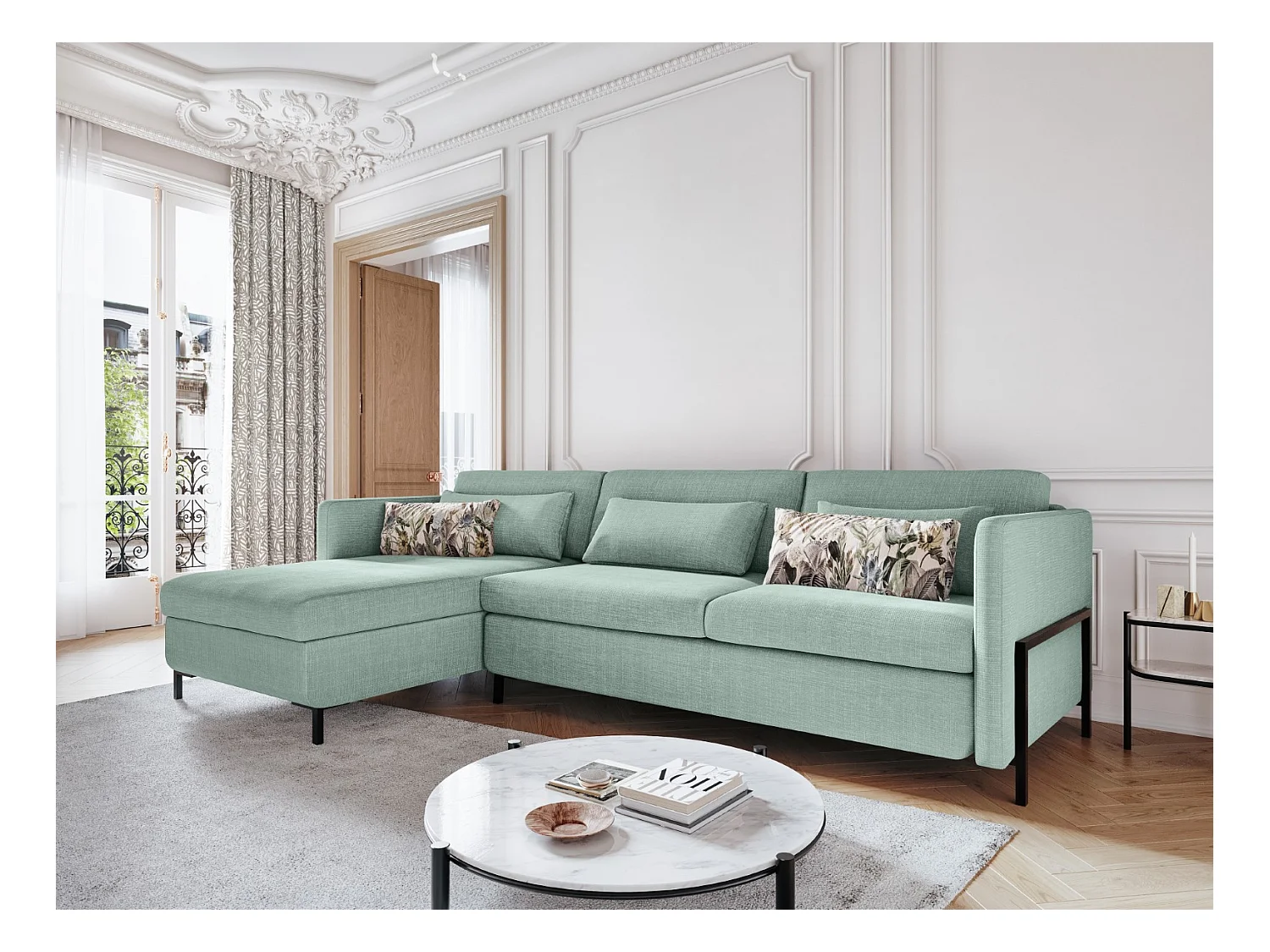 CXL by Christian Lacroix - Canapé d'angle gauche convertible avec coffre de rangement "Yanis" 5 places en tissu structurel menthe - 280x170x80cm