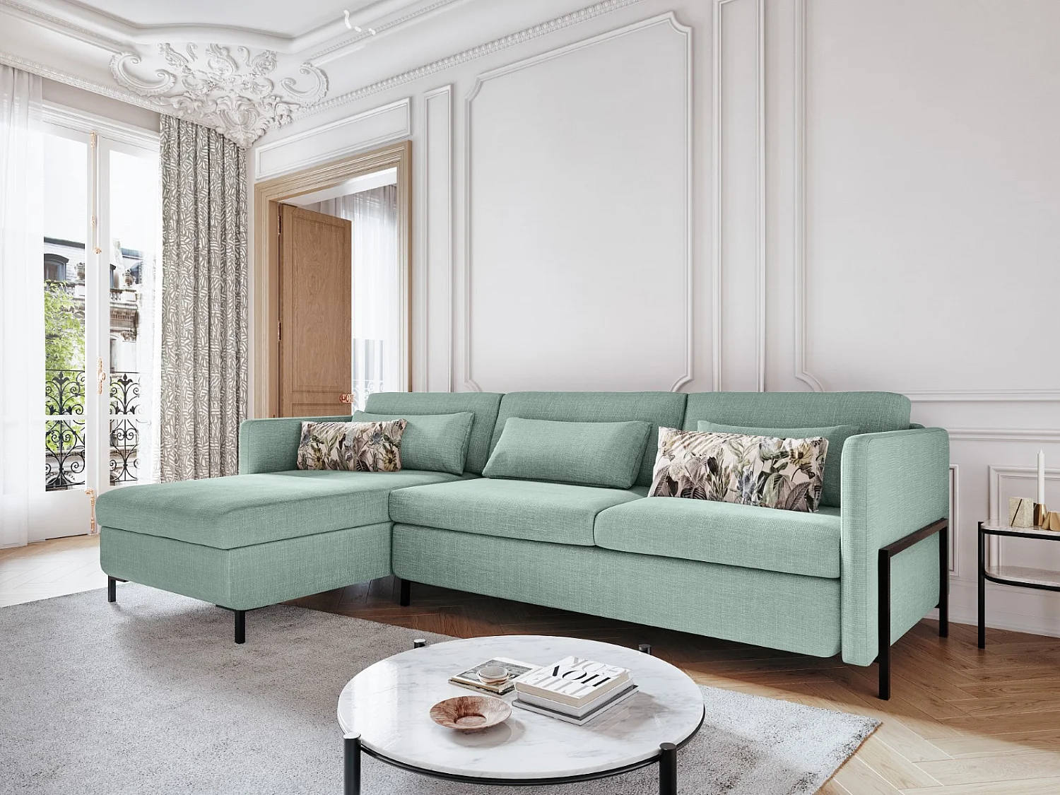 CXL by Christian Lacroix - Canapé d'angle gauche convertible avec coffre de rangement "Yanis" 5 places en tissu structurel menthe - 280x170x80cm