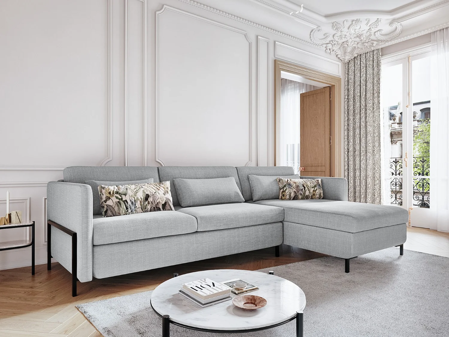 CXL by Christian Lacroix - Canapé d'angle droit convertible avec coffre de rangement "Yanis" 5 places en tissu structurel gris clair - 280x170x80cm