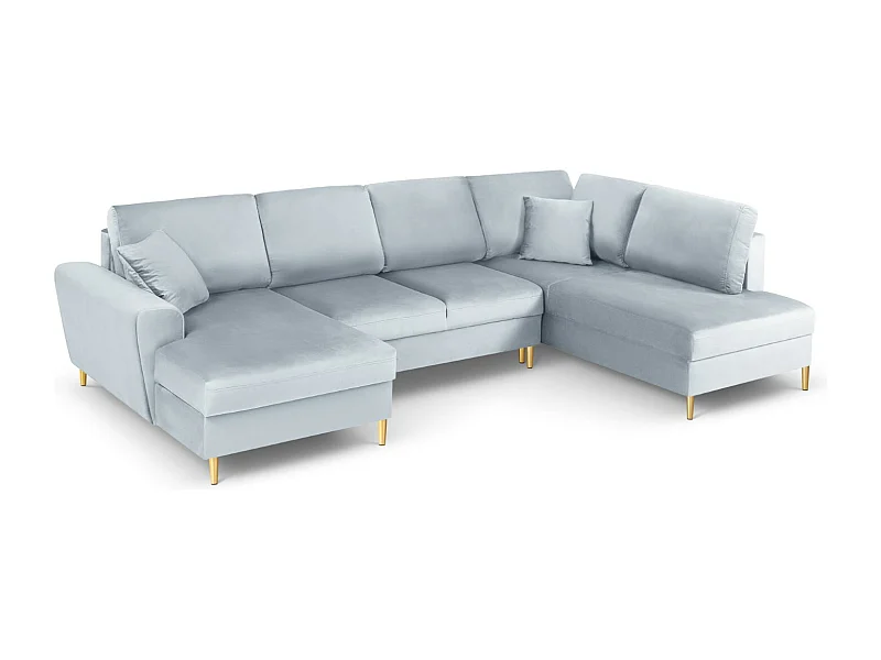 Cosmopolitan Design - Sofá panorâmico convertível em linha reta com caixa de arrumação "Kyoto" 7 lugares em veludo azul claro - 313x194x88cm