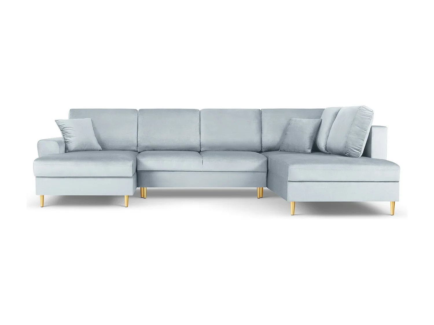 Cosmopolitan Design - 7-Sitzer ausklappbares Panoramasofa mit Bettkasten rechts "Kyoto" aus Samt hellblau - 313x194x88cm