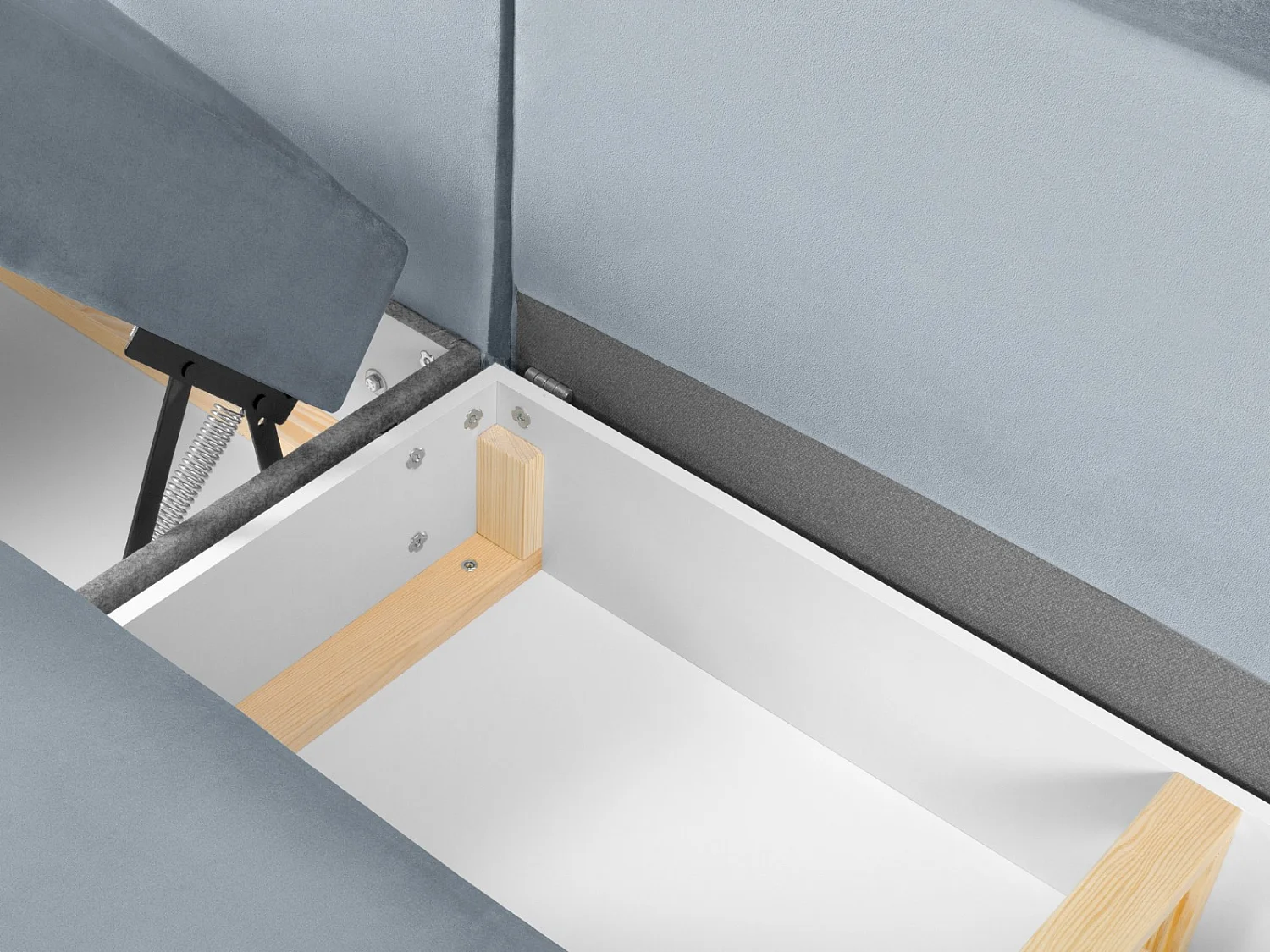 Cosmopolitan Design - 7-Sitzer ausklappbares Panoramasofa mit Bettkasten rechts "Kyoto" aus Samt hellblau - 313x194x88cm