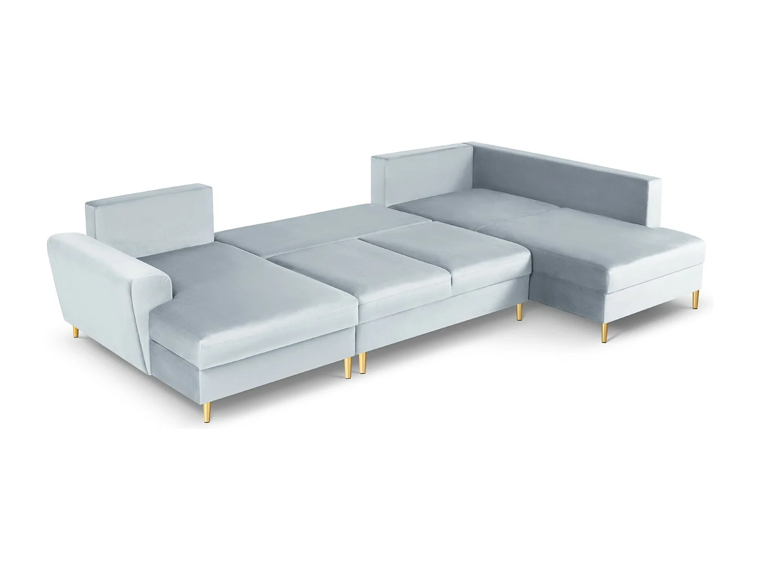 Cosmopolitan Design - Canapé droit panoramique convertible avec coffre de rangement "Kyoto" 7 places en velours bleu clair - 313x194x88cm