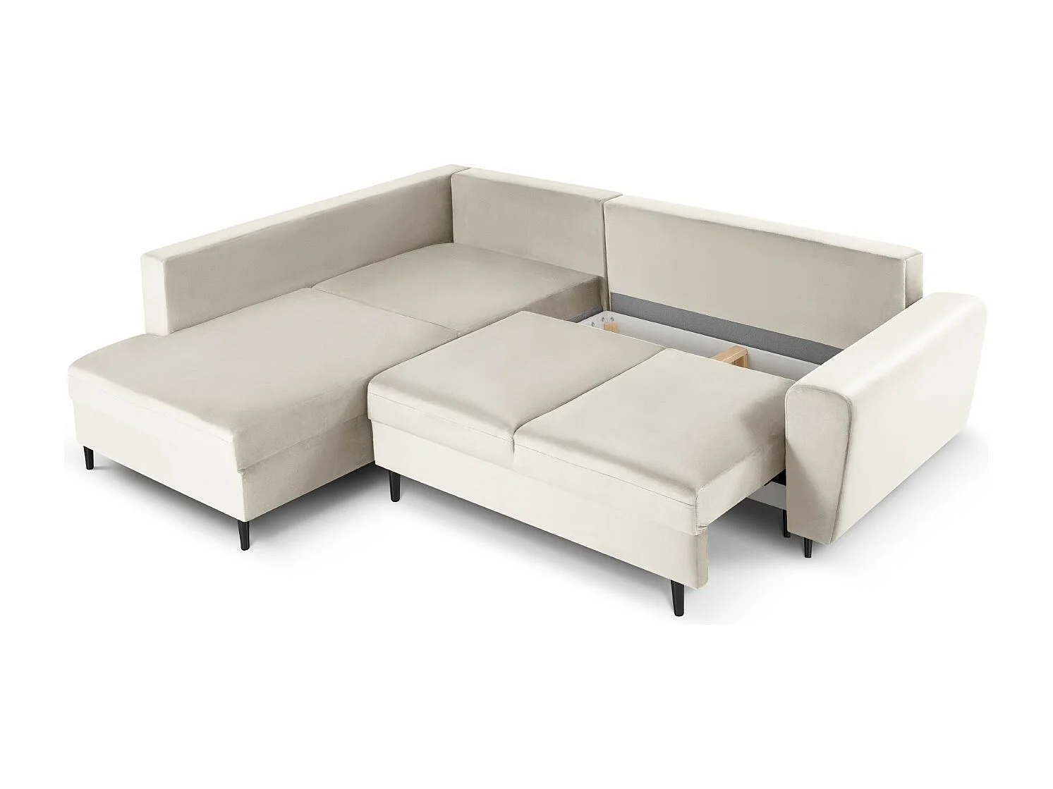 Cosmopolitan Design - Sofá cama esquinero izquierdo con baúl de almacenaje "Kyoto" 5 plazas de terciopelo beige claro - 243x194x88cm