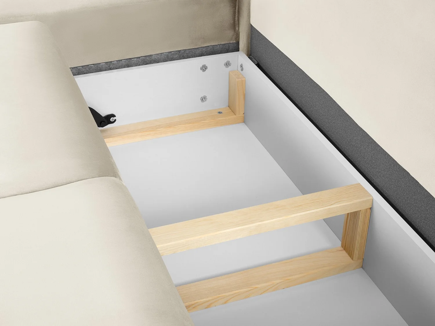 Cosmopolitan Design - Sofá cama esquinero izquierdo con baúl de almacenaje "Kyoto" 5 plazas de terciopelo beige claro - 243x194x88cm