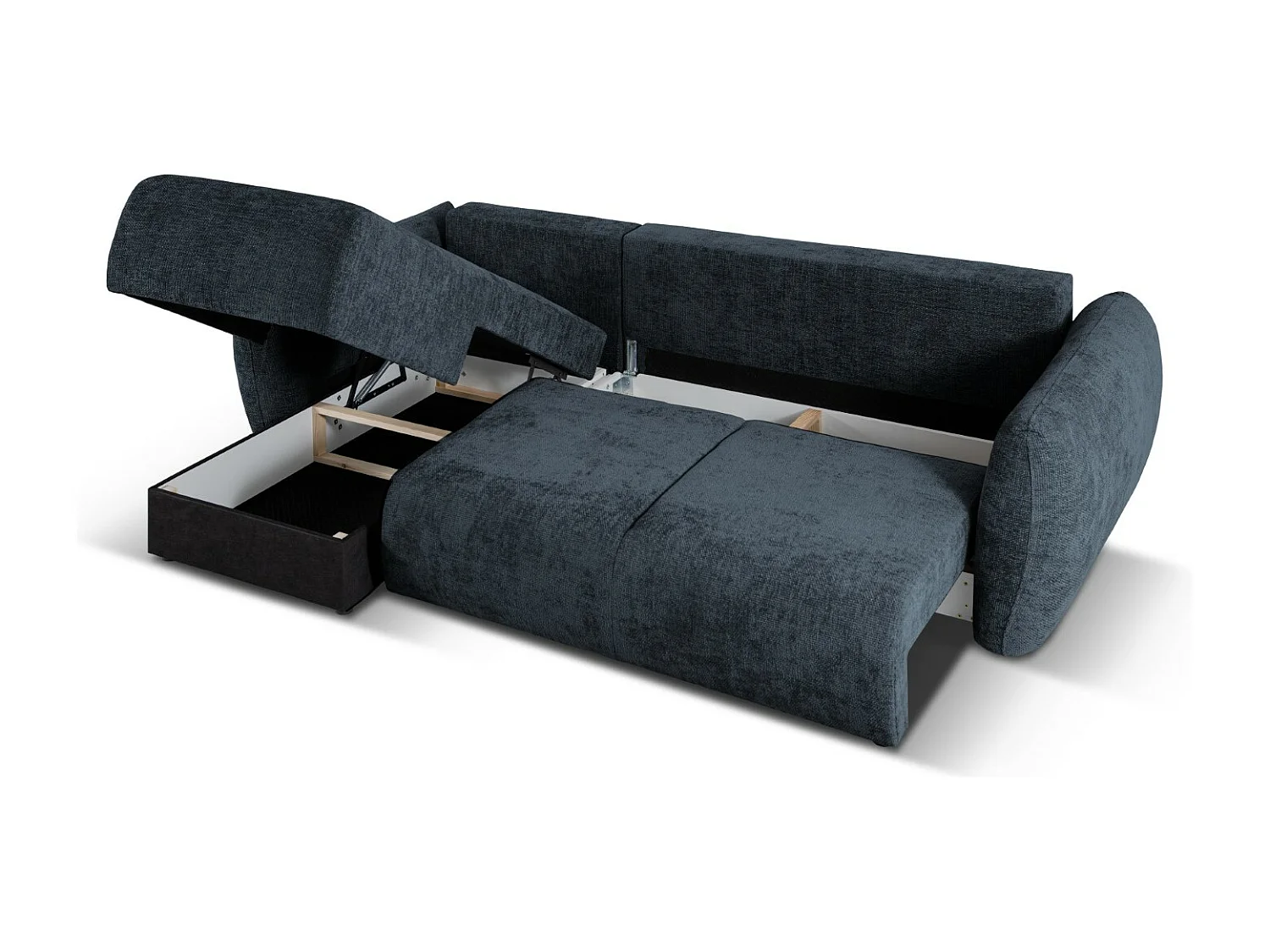 Cosmopolitan Design - 4-Sitzer ausklappbares Ecksofa links mit Container "Matera" aus Chenille-Stoff königsblau - 253x173x86cm