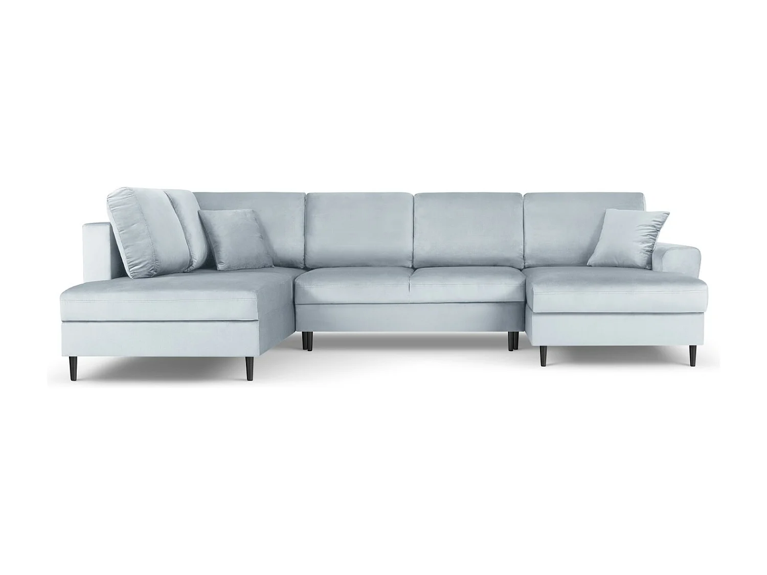 Cosmopolitan Design - 7-Sitzer ausklappbares Panoramasofa mit Bettkasten links "Kyoto" aus Samt hellblau - 313x194x88cm