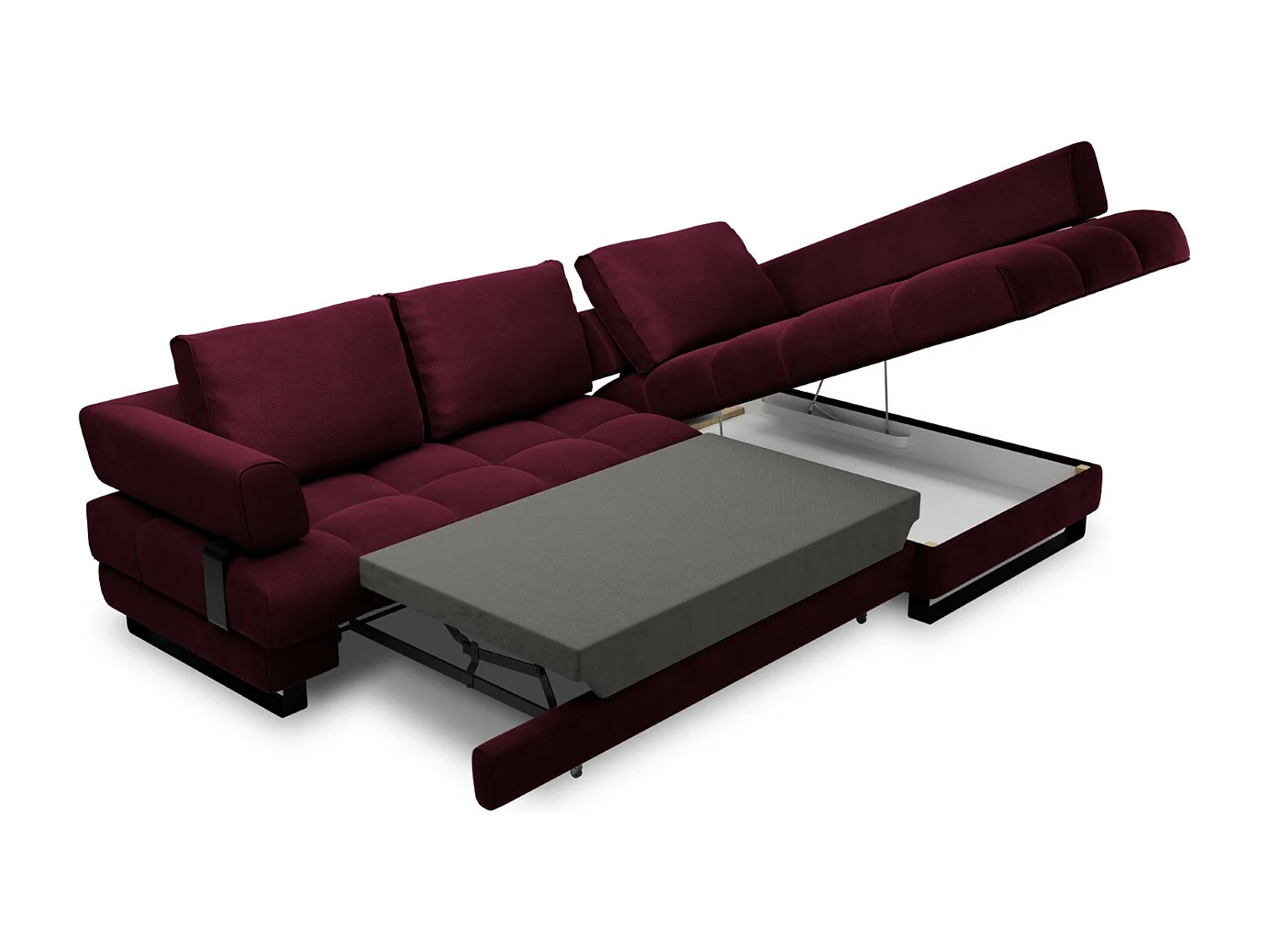 Cosmopolitan Design - 5-Sitzer ausklappbares Ecksofa rechts mit Container "Clinton" aus Samt dunkelrot - 272x173x89cm