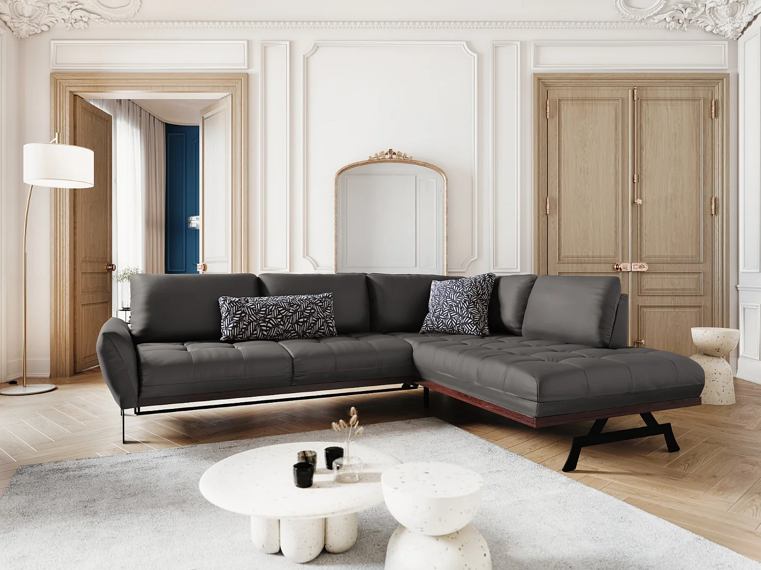 CXL by Christian Lacroix - Canapé d'angle droit convertible "Olivier" 5 places en cuir véritable gris foncé - 262x204x87cm