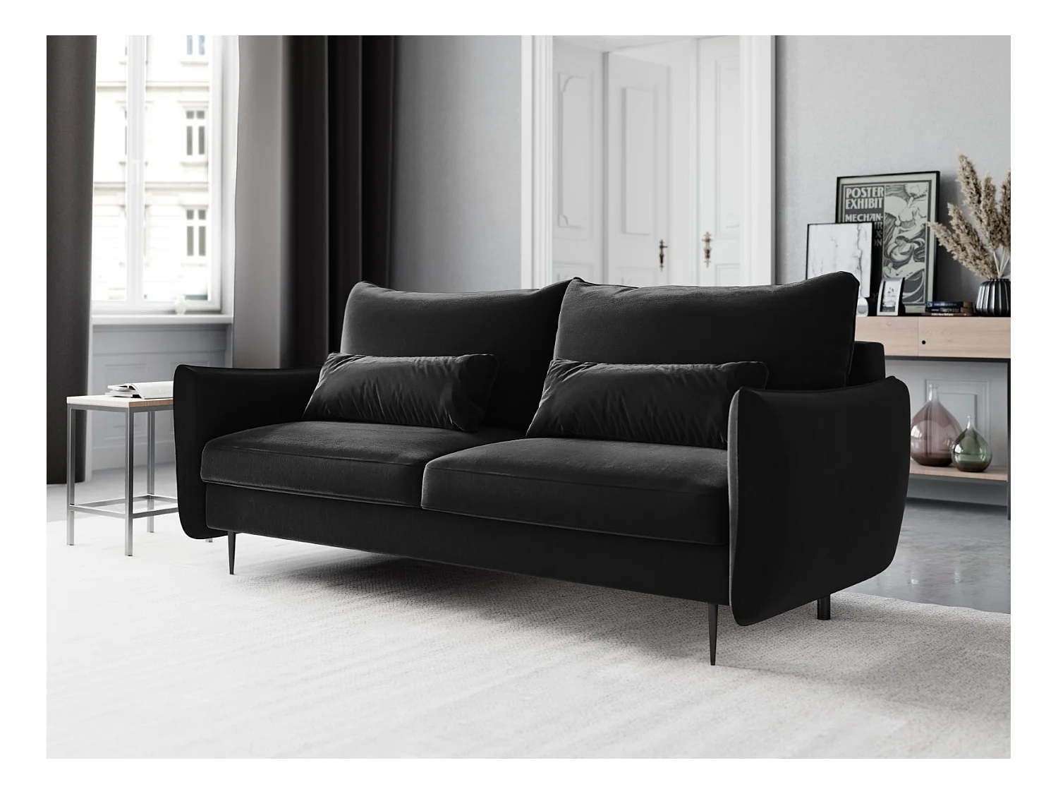 Cosmopolitan Design - Canapé convertible avec coffre de rangement "Vermont" 3 places en velours noir - 222x105x90cm