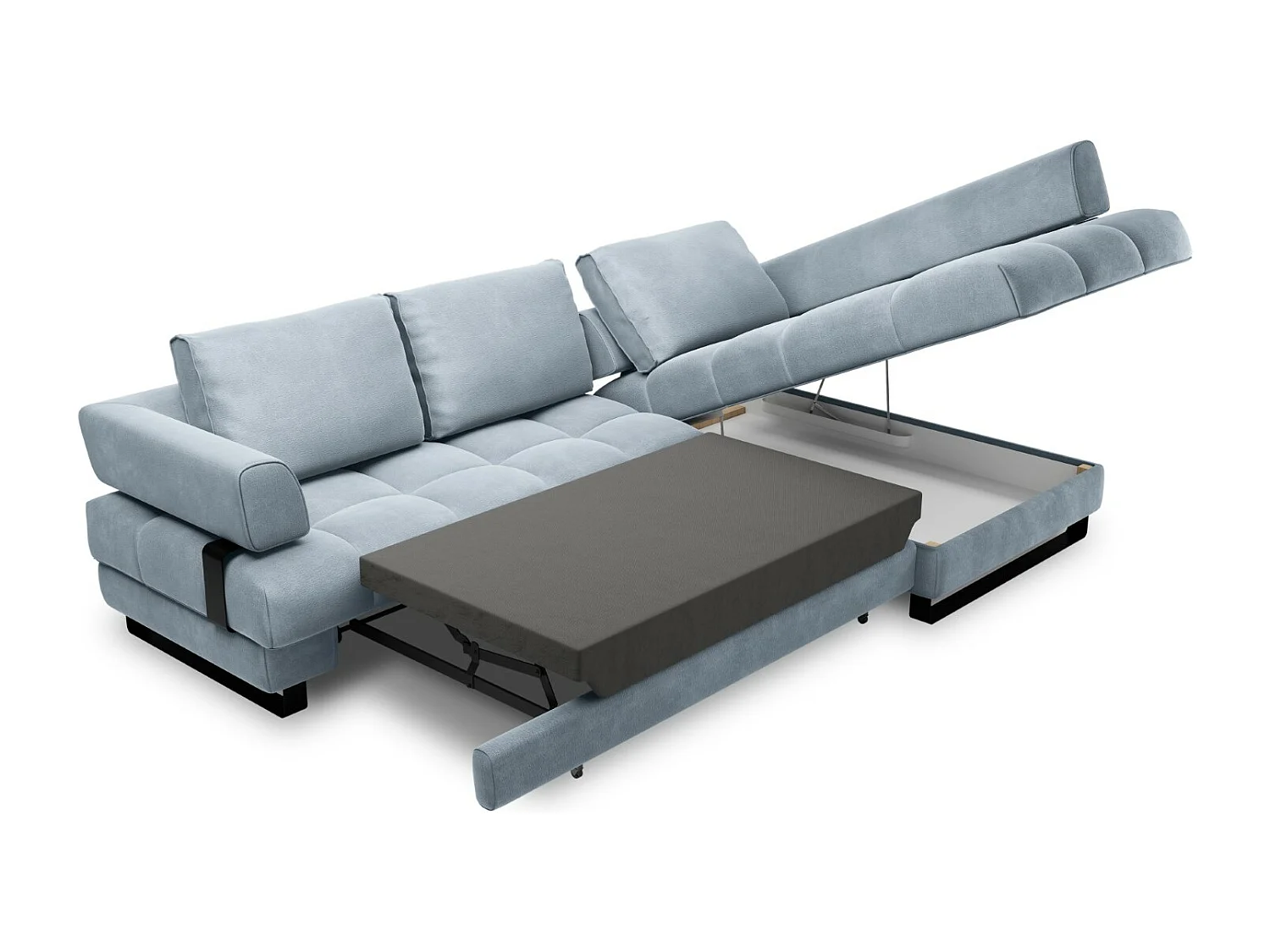 Cosmopolitan Design - Canapé d'angle droit convertible avec coffre de rangement "Clinton" 5 places en velours bleu clair - 272x173x89cm