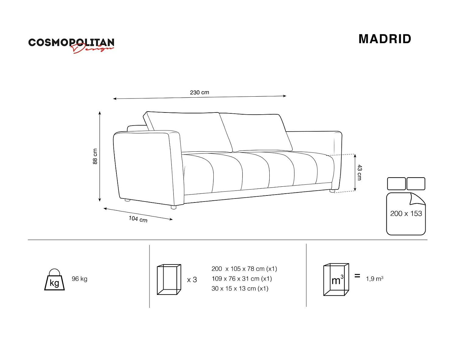 Cosmopolitan Design - Canapé convertible avec coffre de rangement "Madrid" 3 places en tissu structurel marron - 230x104x88cm