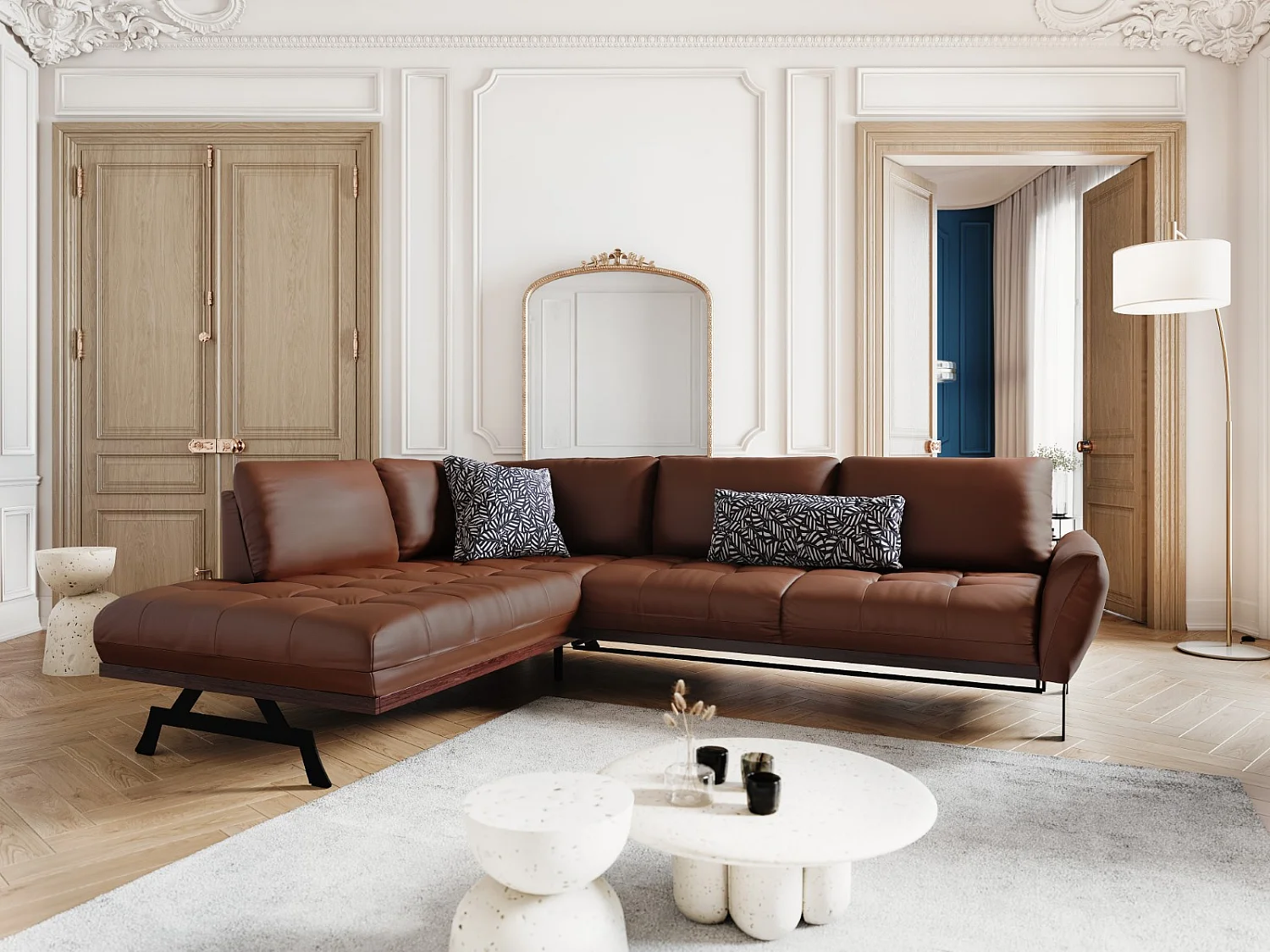 CXL by Christian Lacroix - Canapé d'angle gauche convertible "Olivier" 5 places en cuir véritable marron - 262x204x87cm