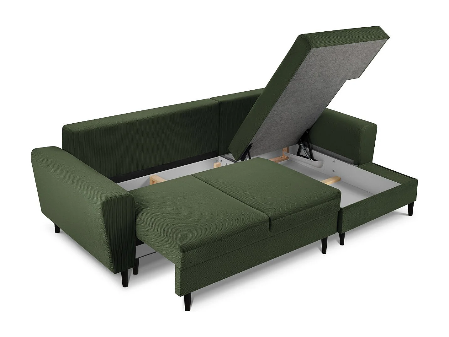 Cosmopolitan Design - Divano convertibile angolare destro con contenitore "Kyoto" 4 posti in velluto a coste verde bottiglia - 241x145x88cm