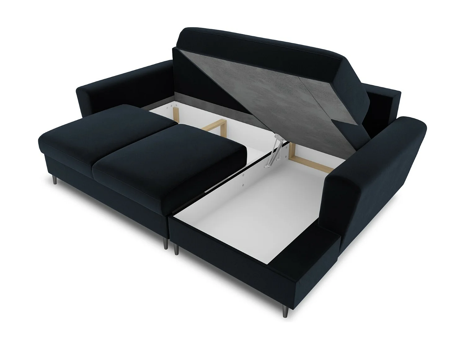 Cosmopolitan Design - Divano convertibile angolare destro con contenitore "Kyoto" 4 posti in velluto blu scuro - 241x145x88cm