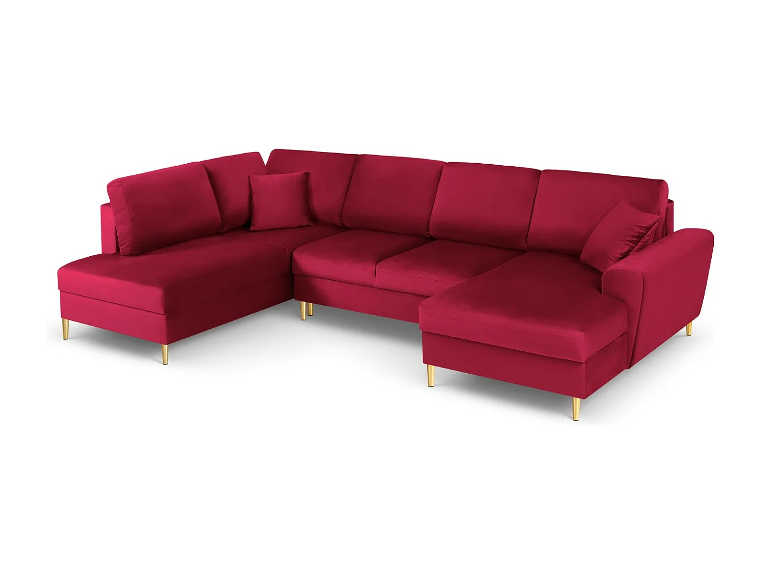 Cosmopolitan Design - Canapé gauche panoramique convertible avec coffre de rangement "Kyoto" 7 places en velours rouge - 313x194x88cm