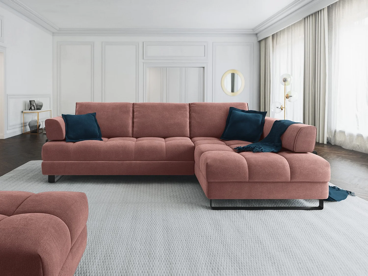 Cosmopolitan Design - Canapé d'angle droit convertible avec coffre de rangement "Clinton" 5 places en velours rose - 272x173x89cm