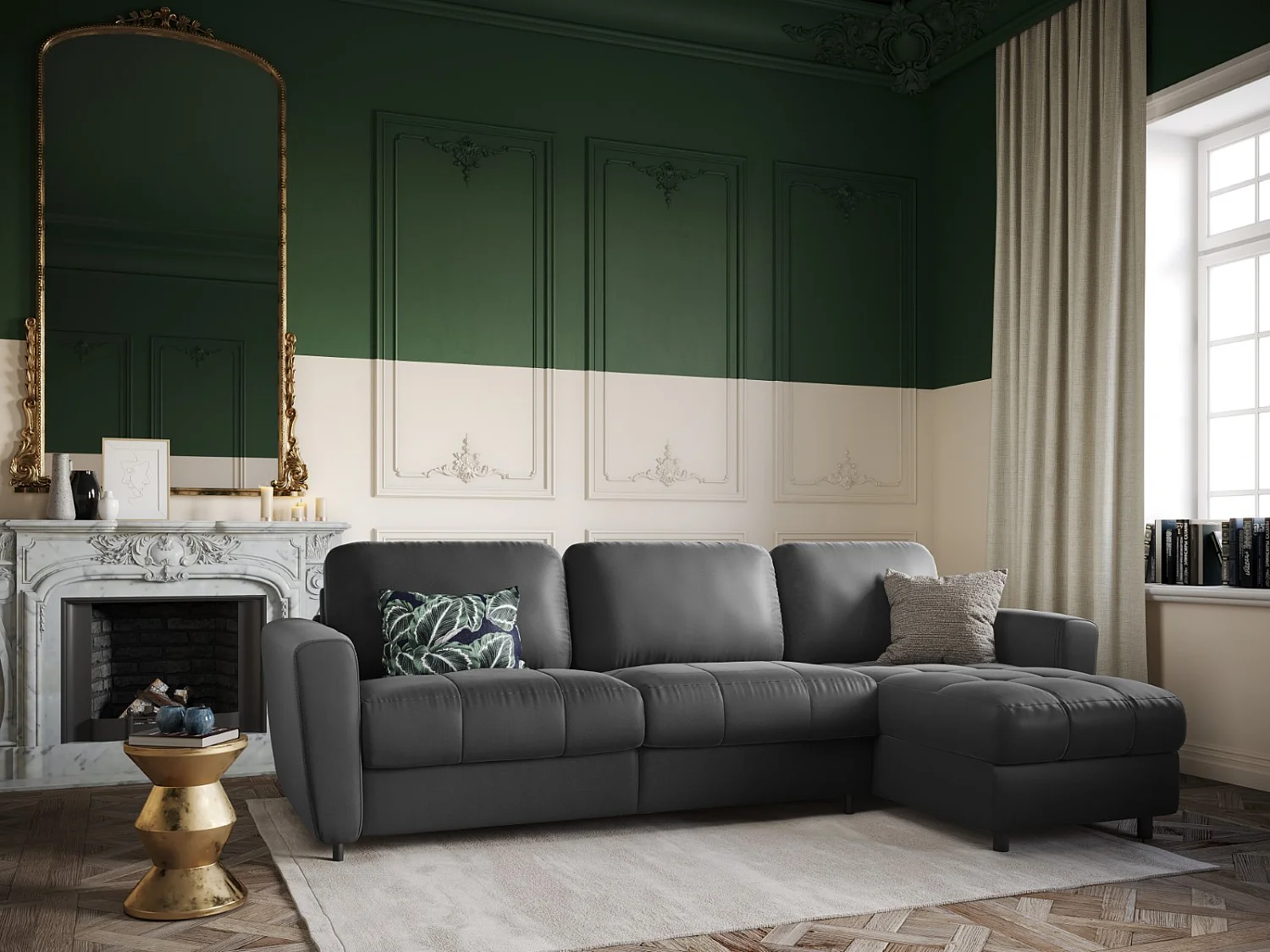 CXL by Christian Lacroix - Converteerbare hoekbank rechts met opbergdoos "Audra" 5 zitplaatsen, Flueel, Donkergrijs - 290x170x88cm