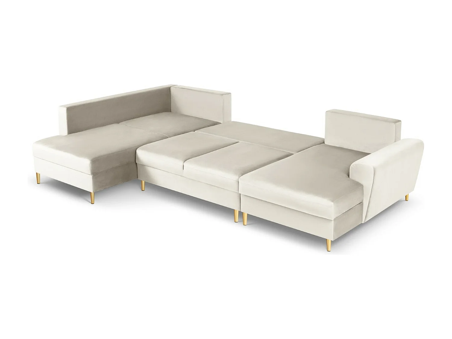 Cosmopolitan Design - Sofá cama panorámico izquierdo con baúl de almacenaje "Kyoto" 7 plazas de terciopelo beige claro - 313x194x88cm