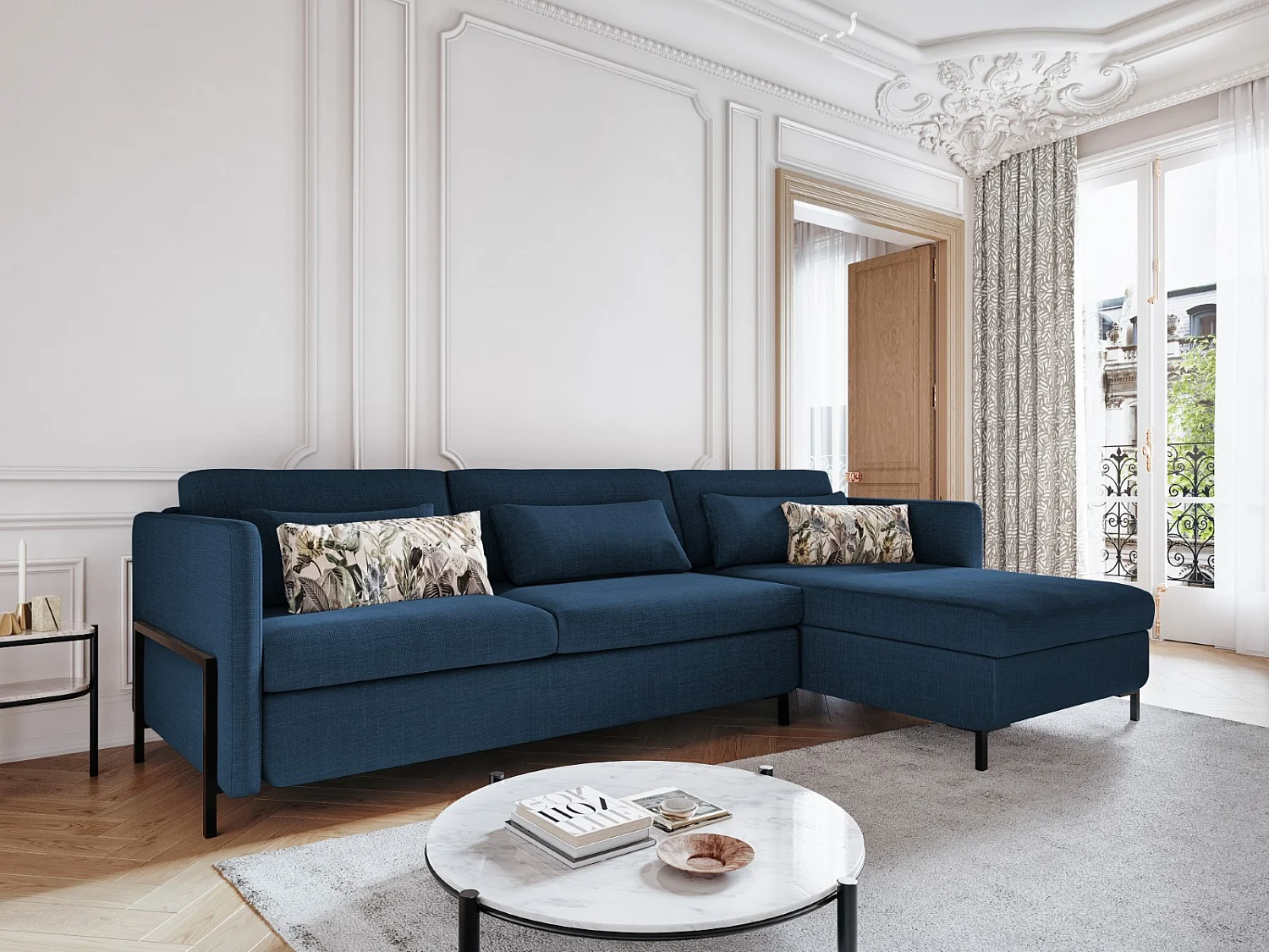 CXL by Christian Lacroix - Canapé d'angle droit convertible avec coffre de rangement "Yanis" 5 places en tissu structurel bleu - 280x170x80cm