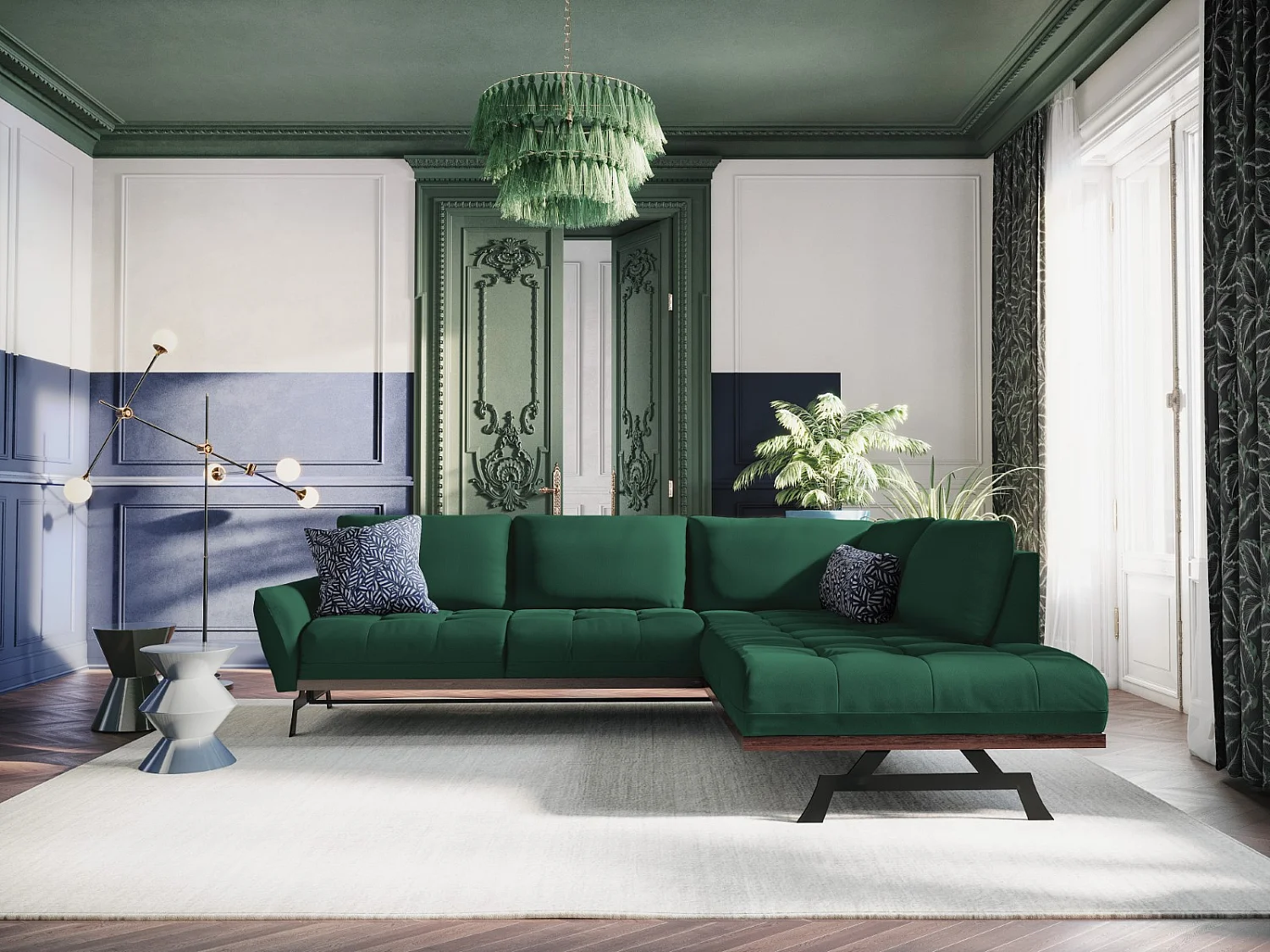 CXL by Christian Lacroix - Converteerbare hoekbank rechts "Olivier" 5 zitplaatsen, Structurele stof, Groente - 262x204x87cm