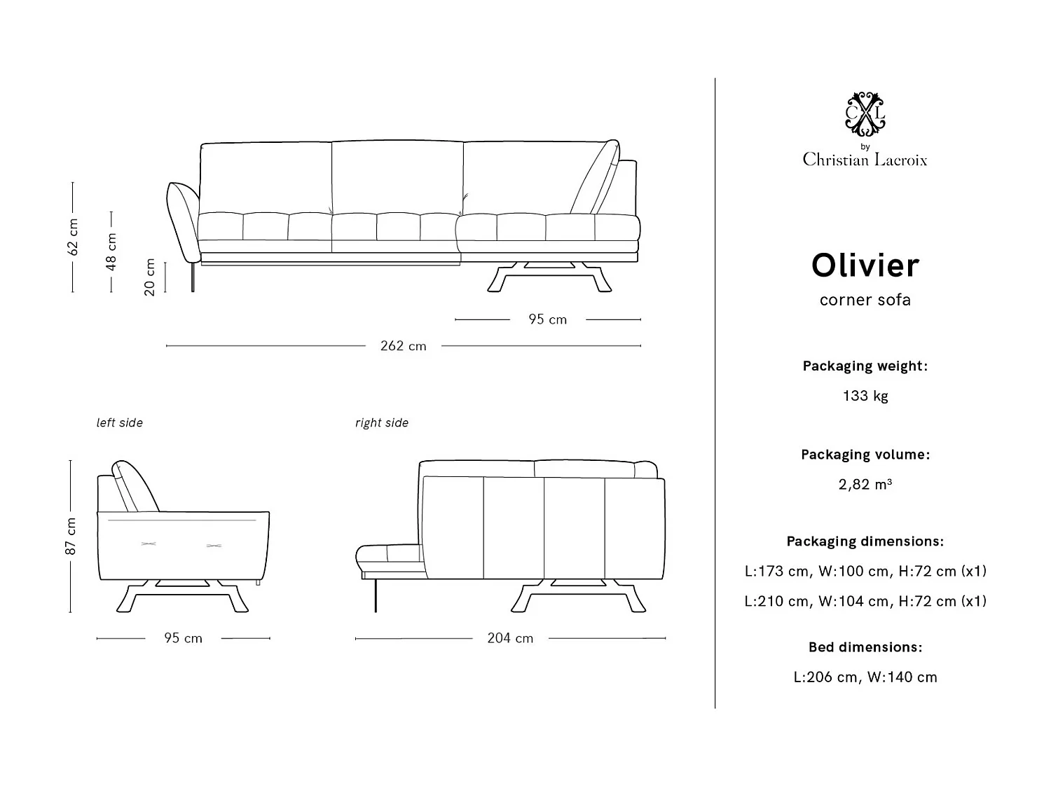 CXL by Christian Lacroix - Converteerbare hoekbank rechts "Olivier" 5 zitplaatsen, Structurele stof, Groente - 262x204x87cm