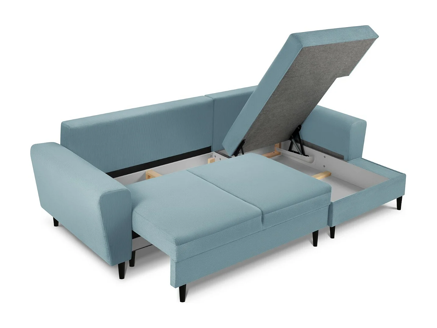 Cosmopolitan Design - Canapé d'angle droit convertible avec coffre de rangement "Kyoto" 4 places en velours côtelé bleu clair - 241x145x88cm