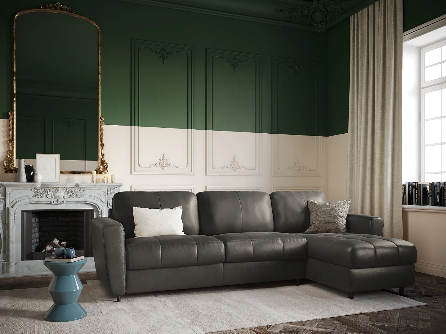 CXL by Christian Lacroix - Canapé d'angle droit convertible "Audra" 5 places en cuir véritable gris foncé - 290x170x88cm