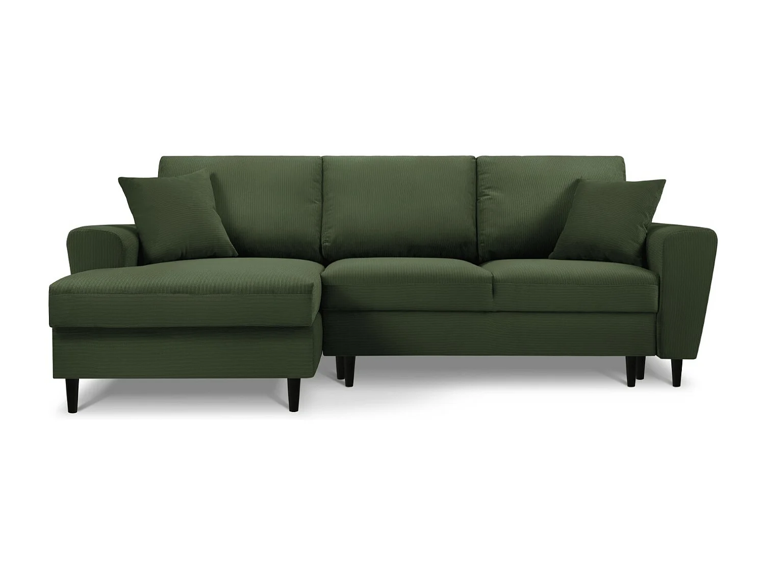Cosmopolitan Design - 4-Sitzer ausklappbares Ecksofa links mit Container "Kyoto" aus Cord flaschengrün - 241x145x88cm