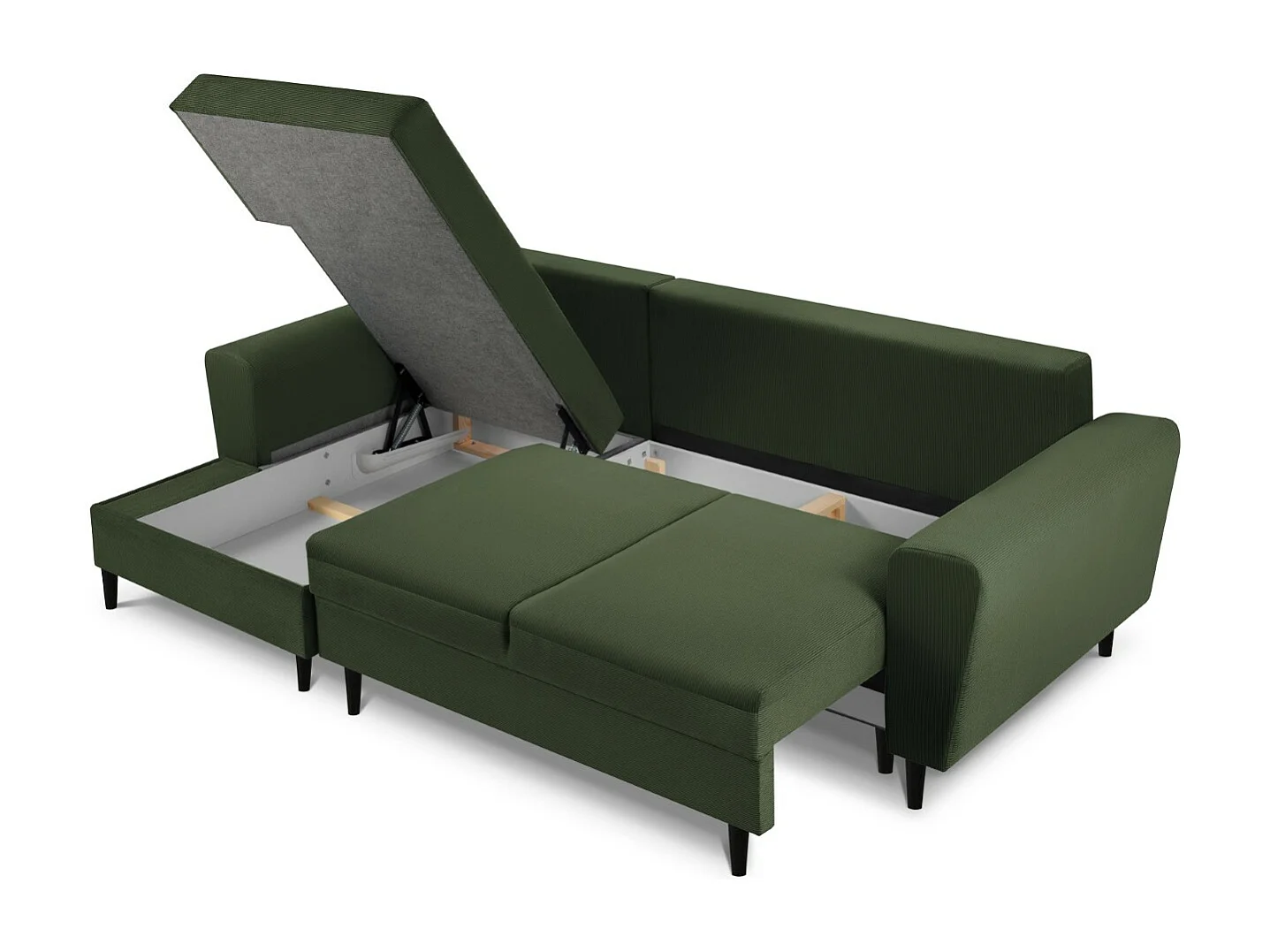 Cosmopolitan Design - 4-Sitzer ausklappbares Ecksofa links mit Container "Kyoto" aus Cord flaschengrün - 241x145x88cm