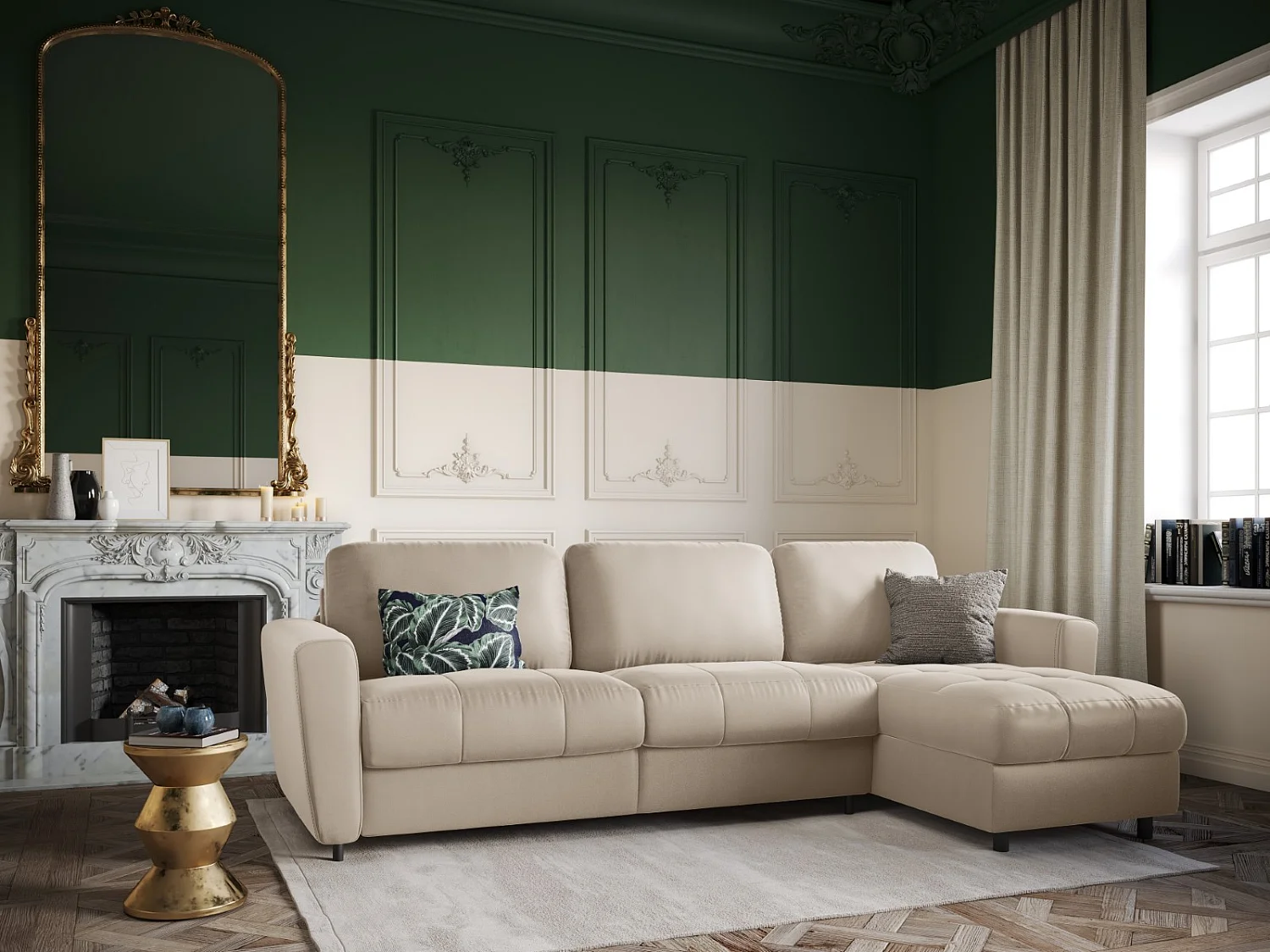 CXL by Christian Lacroix - Converteerbare hoekbank rechts met opbergdoos "Audra" 4 zitplaatsen, Flueel, Beige - 270x170x88cm