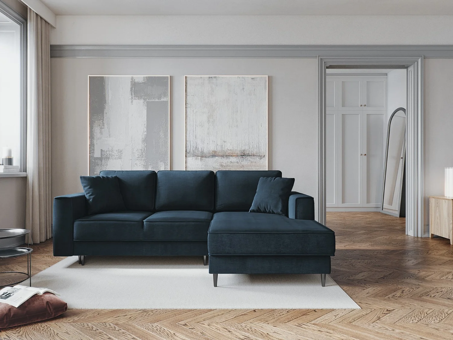 Cosmopolitan Design - Converteerbare hoekbank rechts met opbergdoos "Fano" 4 zitplaatsen, Structurele stof, Donkerblauw - 242x174x89cm