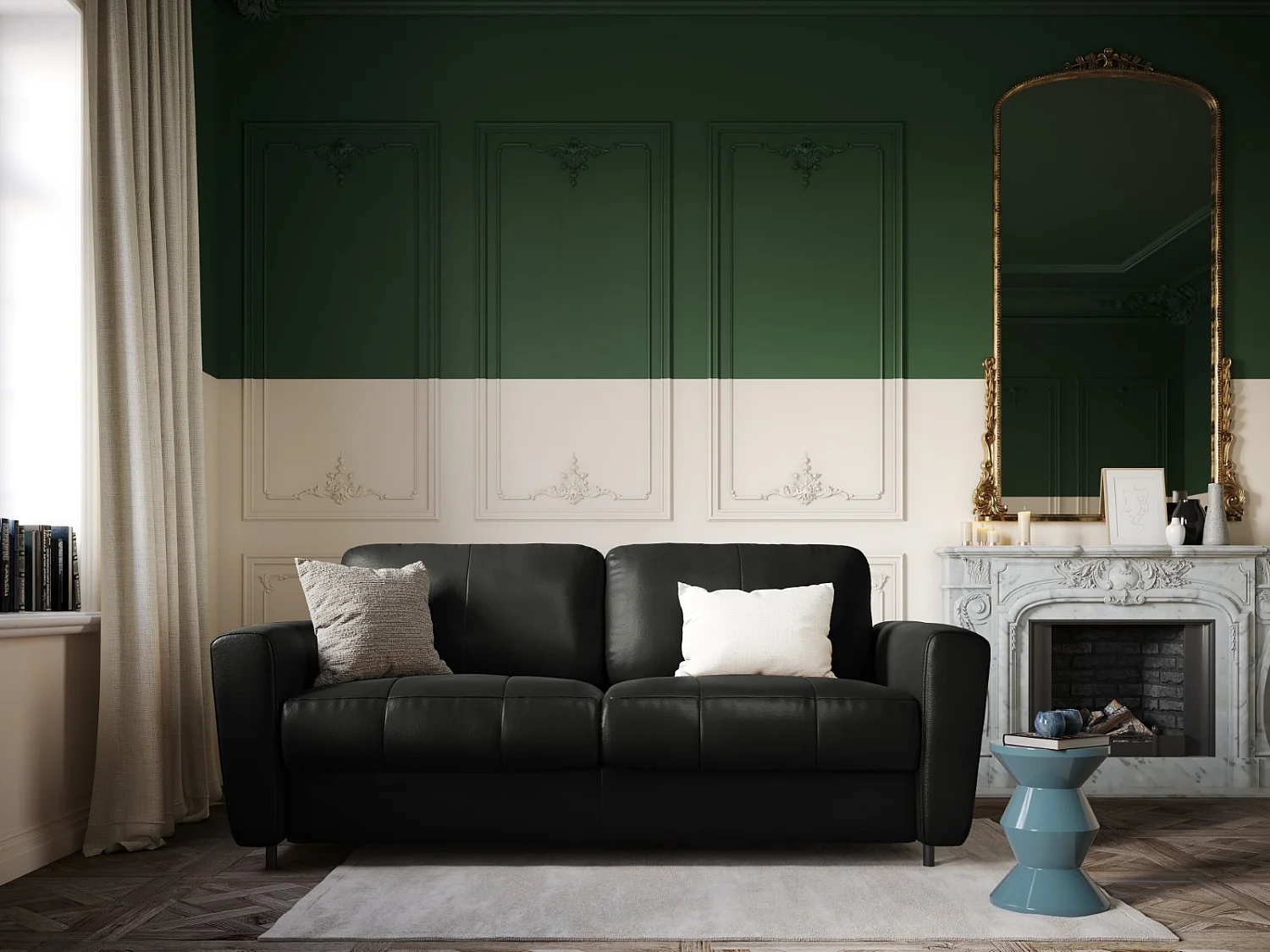 CXL by Christian Lacroix - Converteerbare bank "Audra" 4 zitplaatsen, Echt leer, Zwart - 212x101x88cm