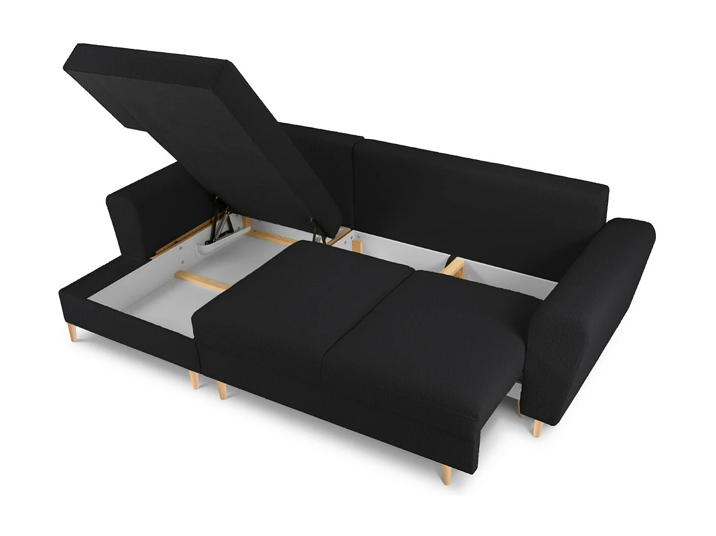 Cosmopolitan Design - Sofá cama esquinero izquierdo con baúl de almacenaje "Kyoto" 4 plazas de tejido bouclé negro - 241x145x88cm