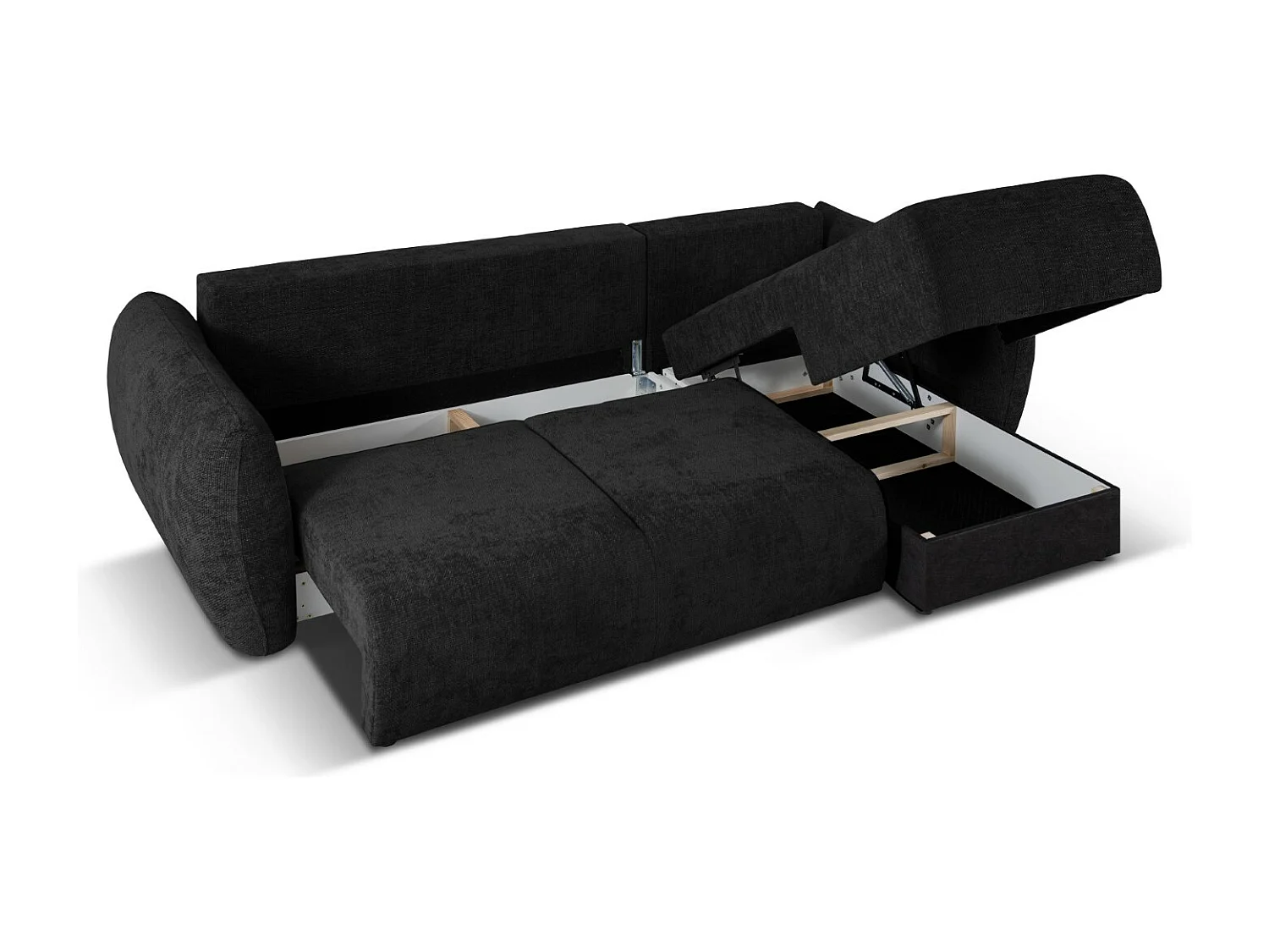 Cosmopolitan Design - 4-Sitzer ausklappbares Ecksofa rechts mit Container "Matera" aus Chenille-Stoff schwarz - 253x173x86cm