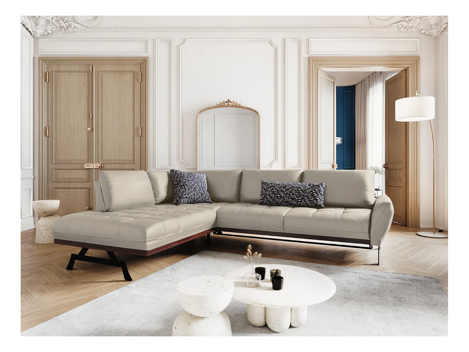 CXL by Christian Lacroix - Canapé d'angle gauche convertible "Olivier" 5 places en cuir véritable gris clair - 262x204x87cm