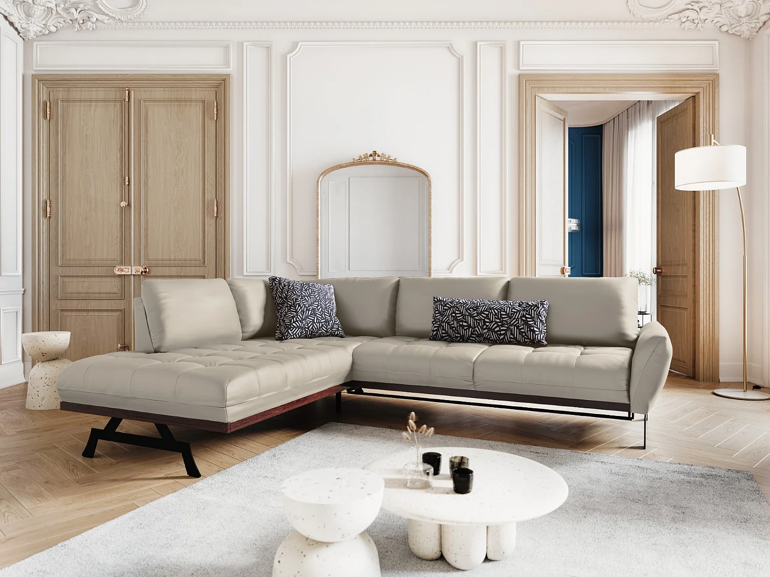 CXL by Christian Lacroix - Canapé d'angle gauche convertible "Olivier" 5 places en cuir véritable gris clair - 262x204x87cm