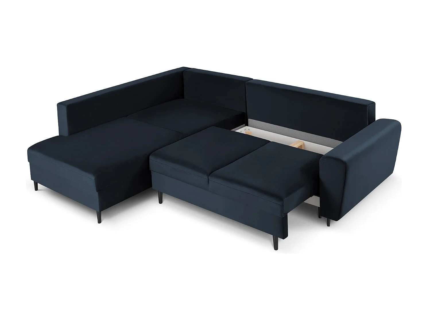 Cosmopolitan Design - 5-Sitzer ausklappbares Ecksofa links mit Container "Kyoto" aus Samt dunkelblau - 243x194x88cm