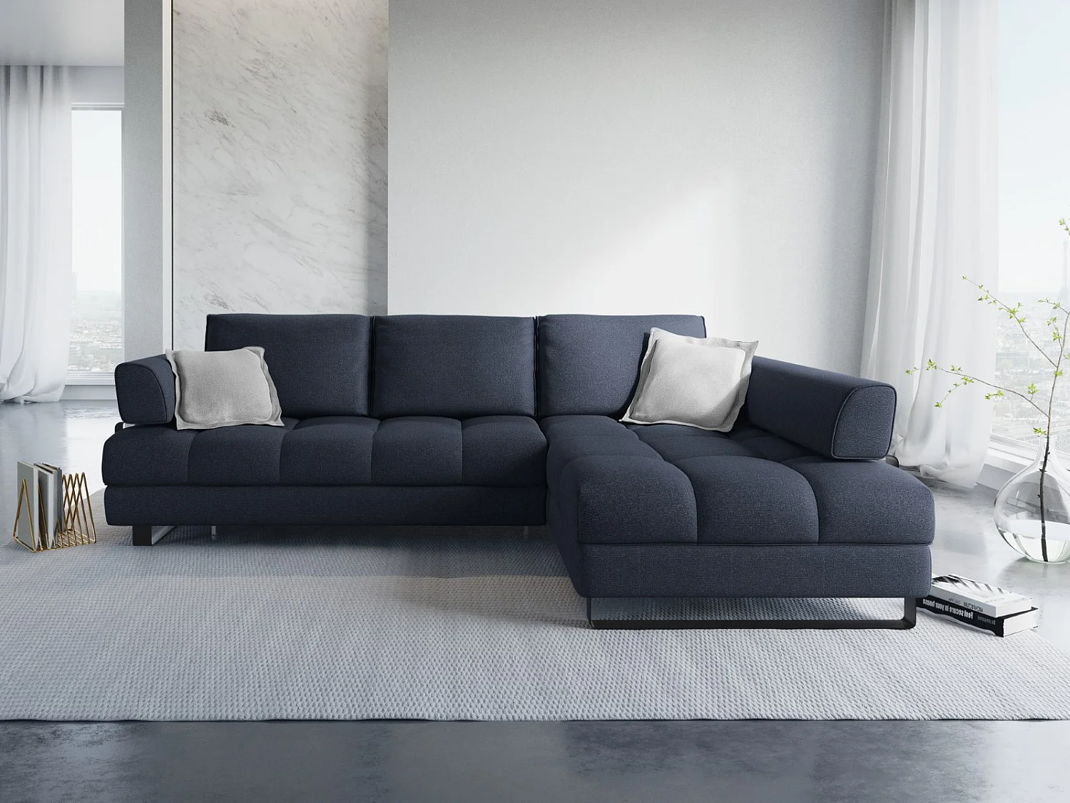 Cosmopolitan Design - 5-Sitzer ausklappbares Ecksofa rechts mit Container "Clinton" aus strukturiertem Stoff dunkelblau - 272x173x89cm