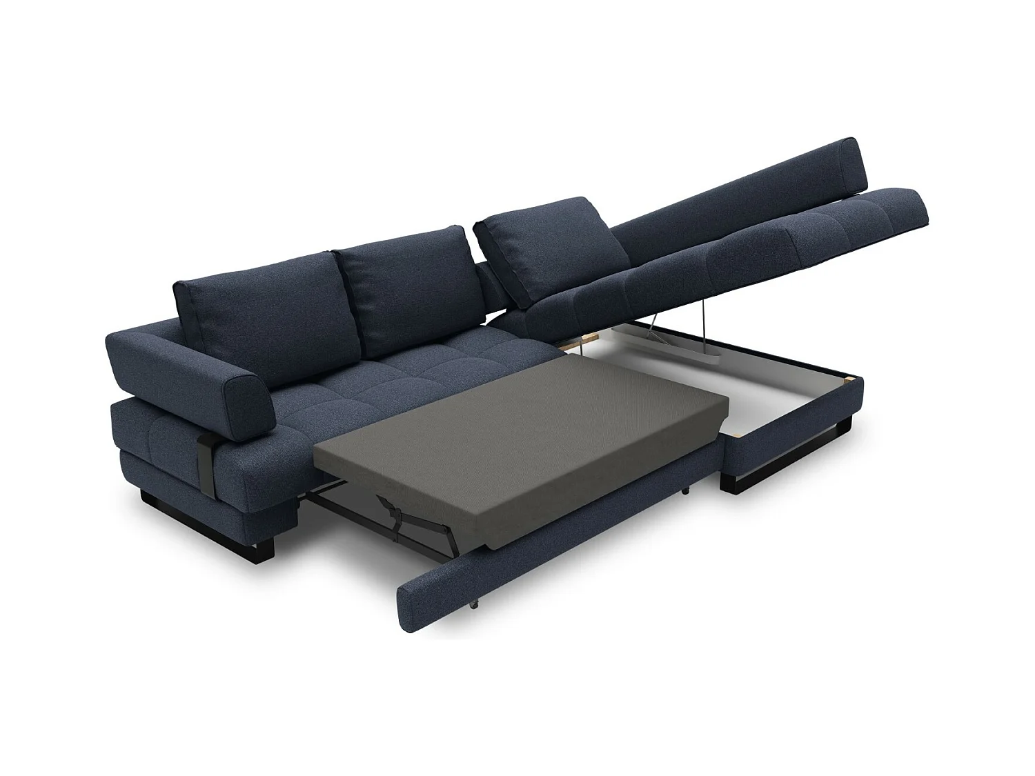 Cosmopolitan Design - 5-Sitzer ausklappbares Ecksofa rechts mit Container "Clinton" aus strukturiertem Stoff dunkelblau - 272x173x89cm