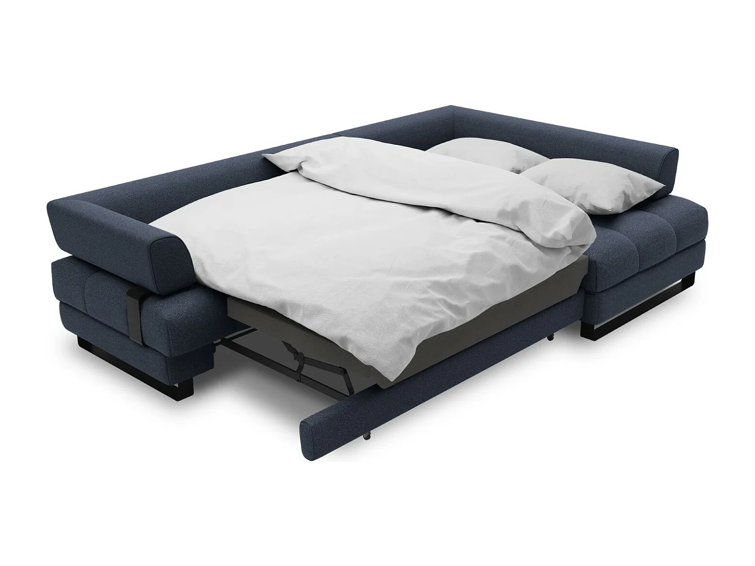 Cosmopolitan Design - 5-Sitzer ausklappbares Ecksofa rechts mit Container "Clinton" aus strukturiertem Stoff dunkelblau - 272x173x89cm