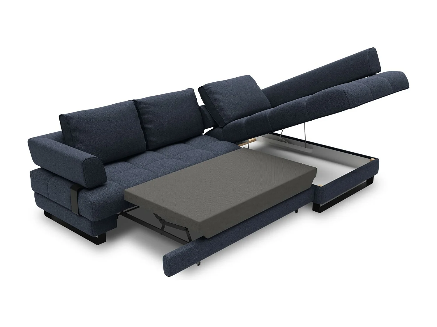 Cosmopolitan Design - 5-Sitzer ausklappbares Ecksofa rechts mit Container "Clinton" aus strukturiertem Stoff dunkelblau - 272x173x89cm