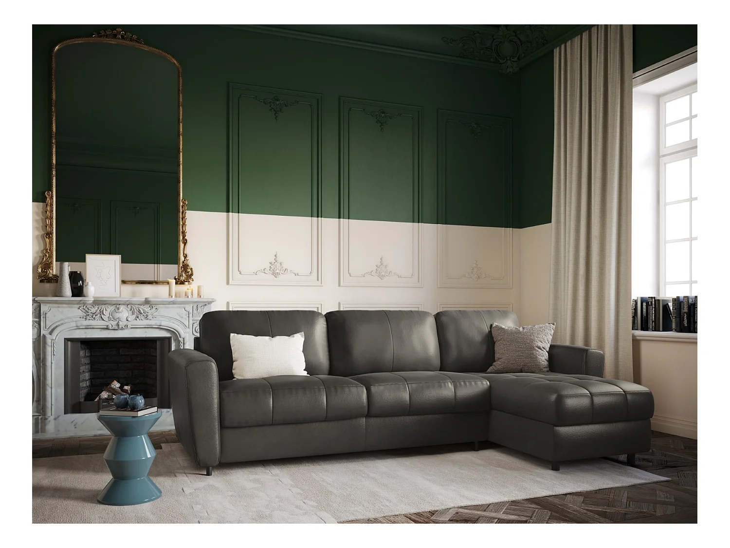 CXL by Christian Lacroix - Canapé d'angle droit convertible "Audra" 4 places en cuir véritable gris foncé - 270x170x88cm