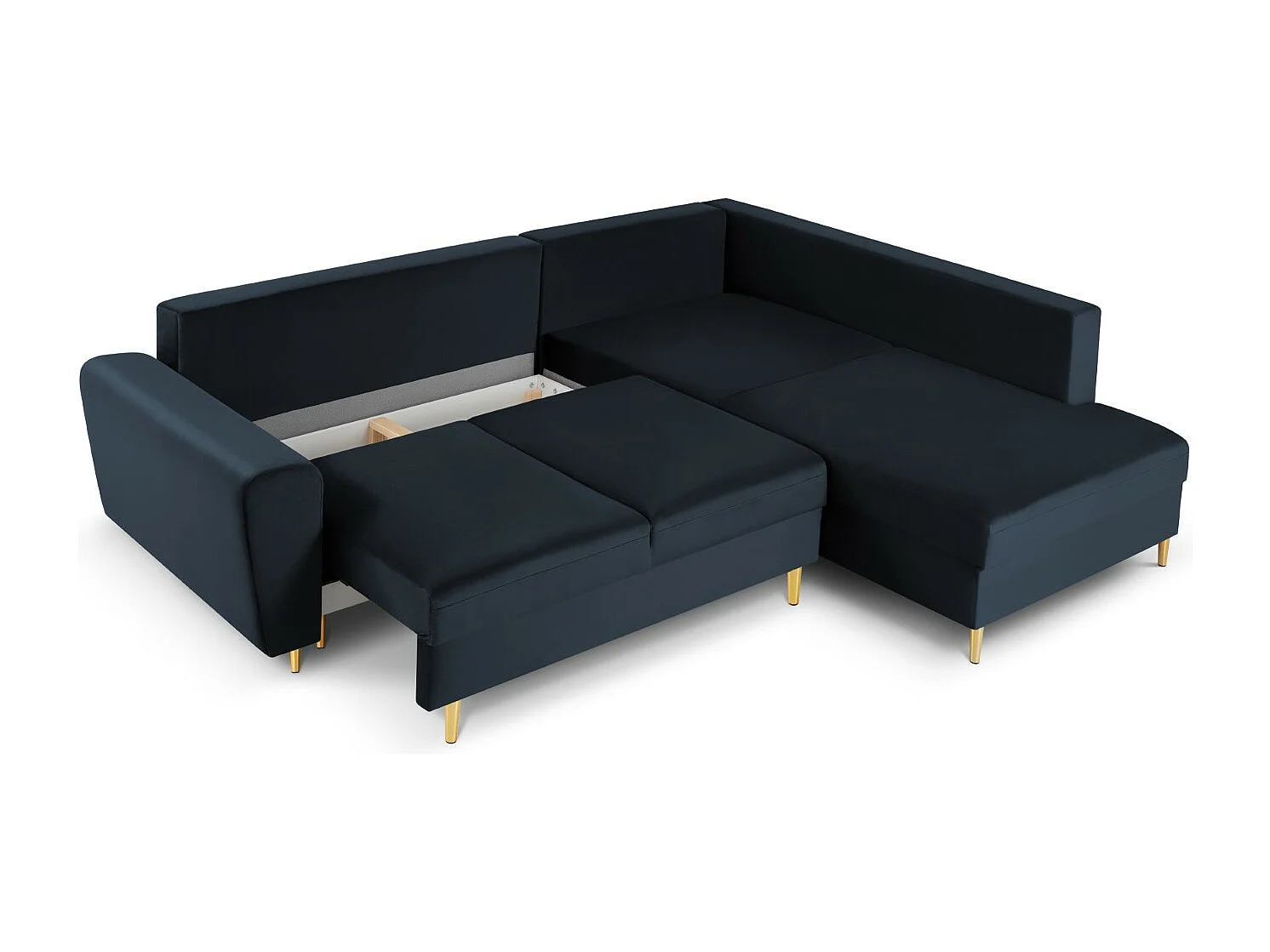 Cosmopolitan Design - Canapé d'angle droit convertible avec coffre de rangement "Kyoto" 5 places en velours bleu foncé - 243x194x88cm