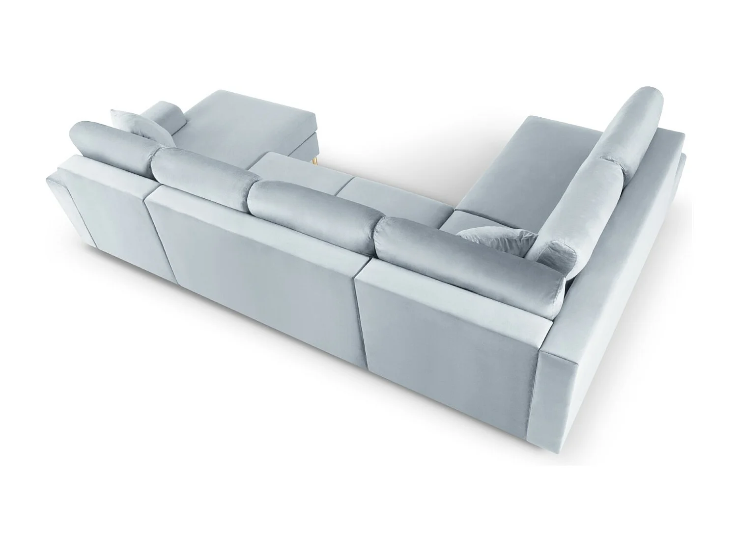 Cosmopolitan Design - Sofá cama panorámico izquierdo con baúl de almacenaje "Kyoto" 7 plazas de terciopelo azul claro - 313x194x88cm