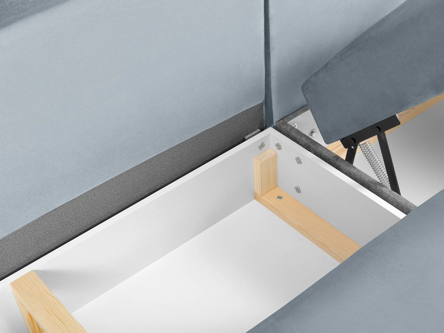 Cosmopolitan Design - Sofá cama panorámico izquierdo con baúl de almacenaje "Kyoto" 7 plazas de terciopelo azul claro - 313x194x88cm