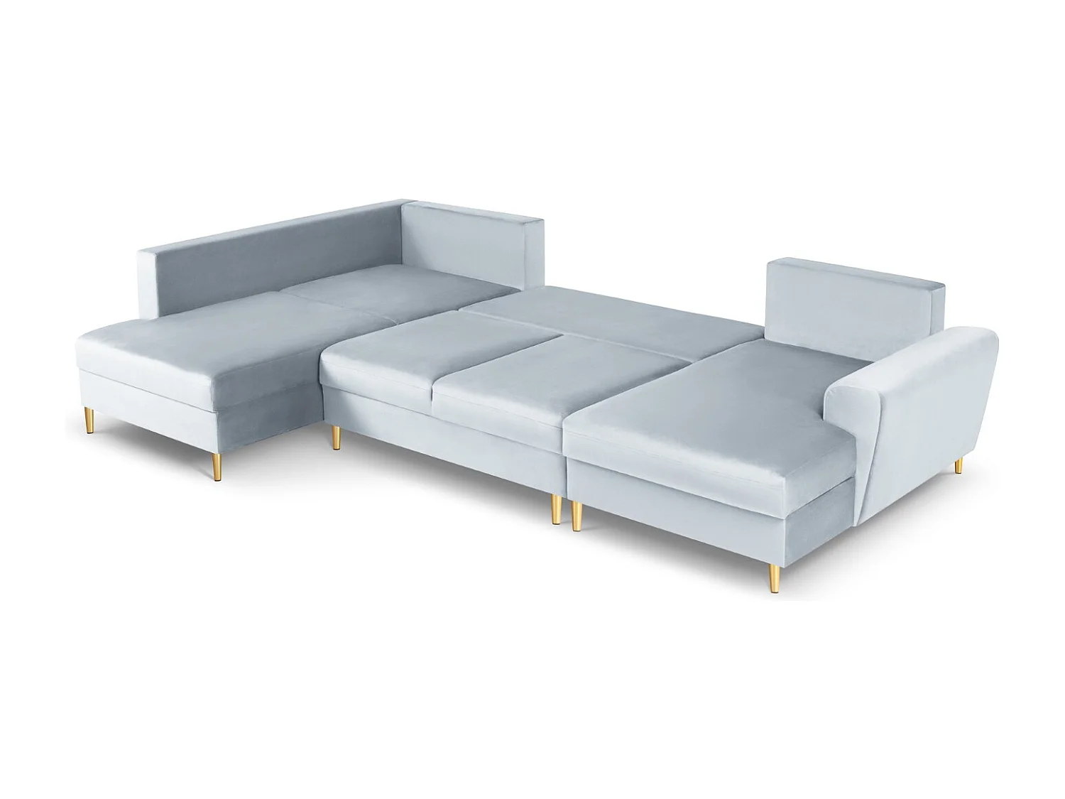 Cosmopolitan Design - Canapé gauche panoramique convertible avec coffre de rangement "Kyoto" 7 places en velours bleu clair - 313x194x88cm