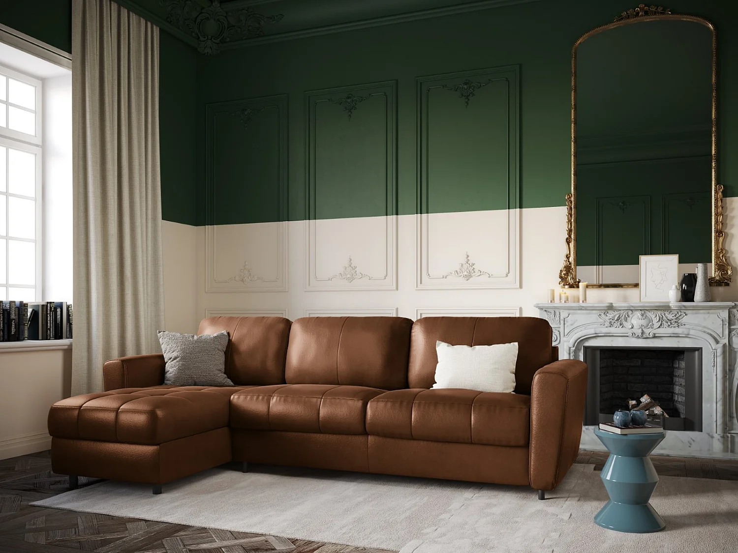 CXL by Christian Lacroix - Canapé d'angle gauche convertible "Audra" 5 places en cuir véritable marron - 290x170x88cm