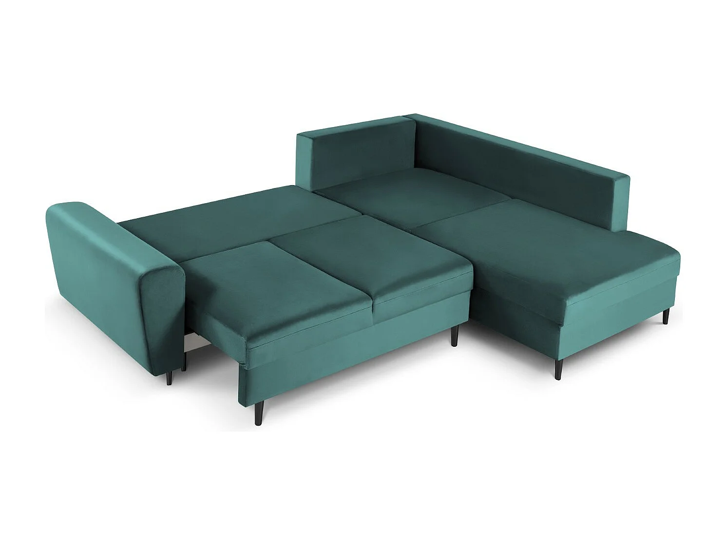 Cosmopolitan Design - 5-Sitzer ausklappbares Ecksofa rechts mit Container "Kyoto" aus Samt petrol - 243x194x88cm